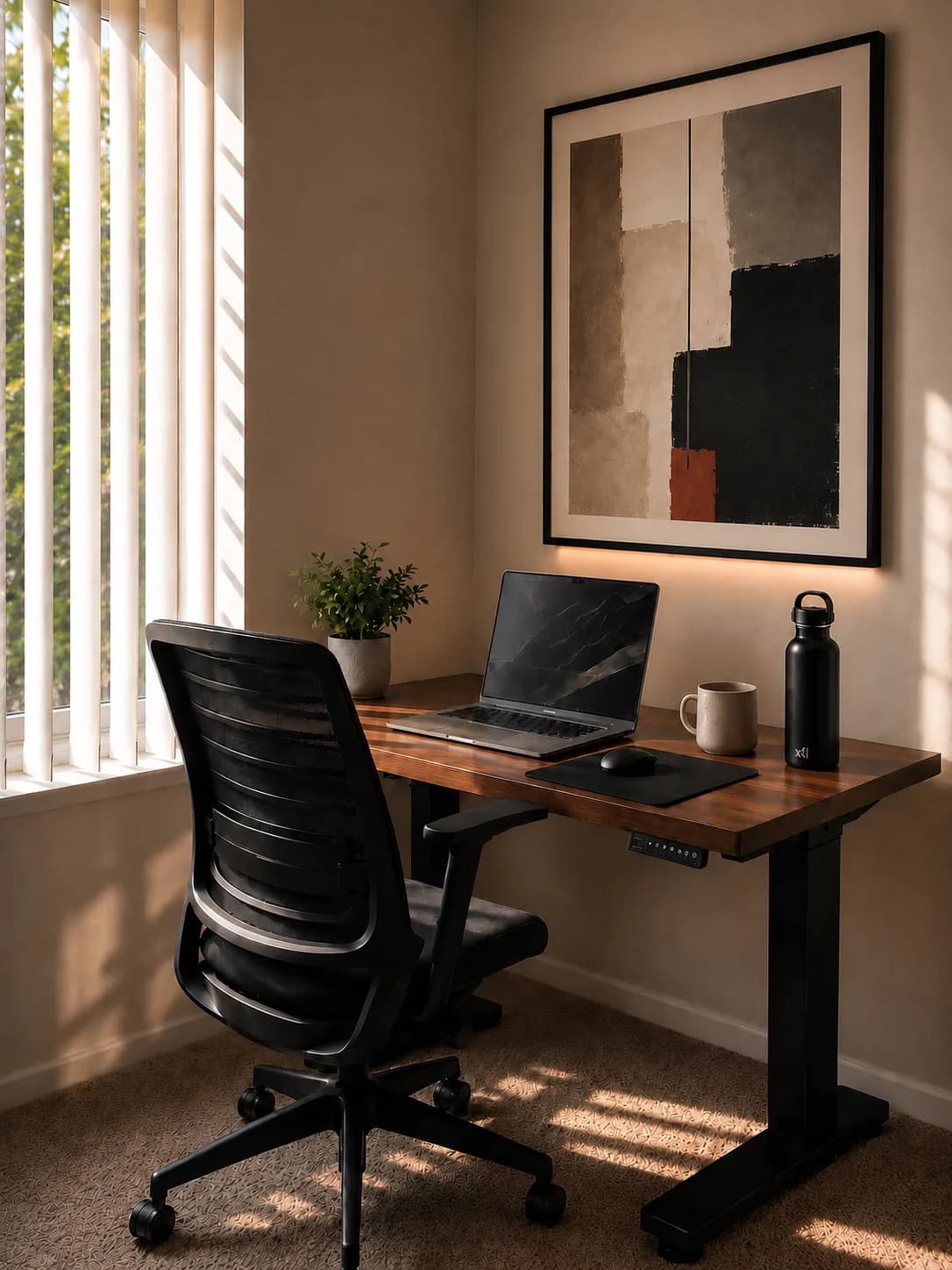 Minimal apartment workspace with a desk, plant, and window light