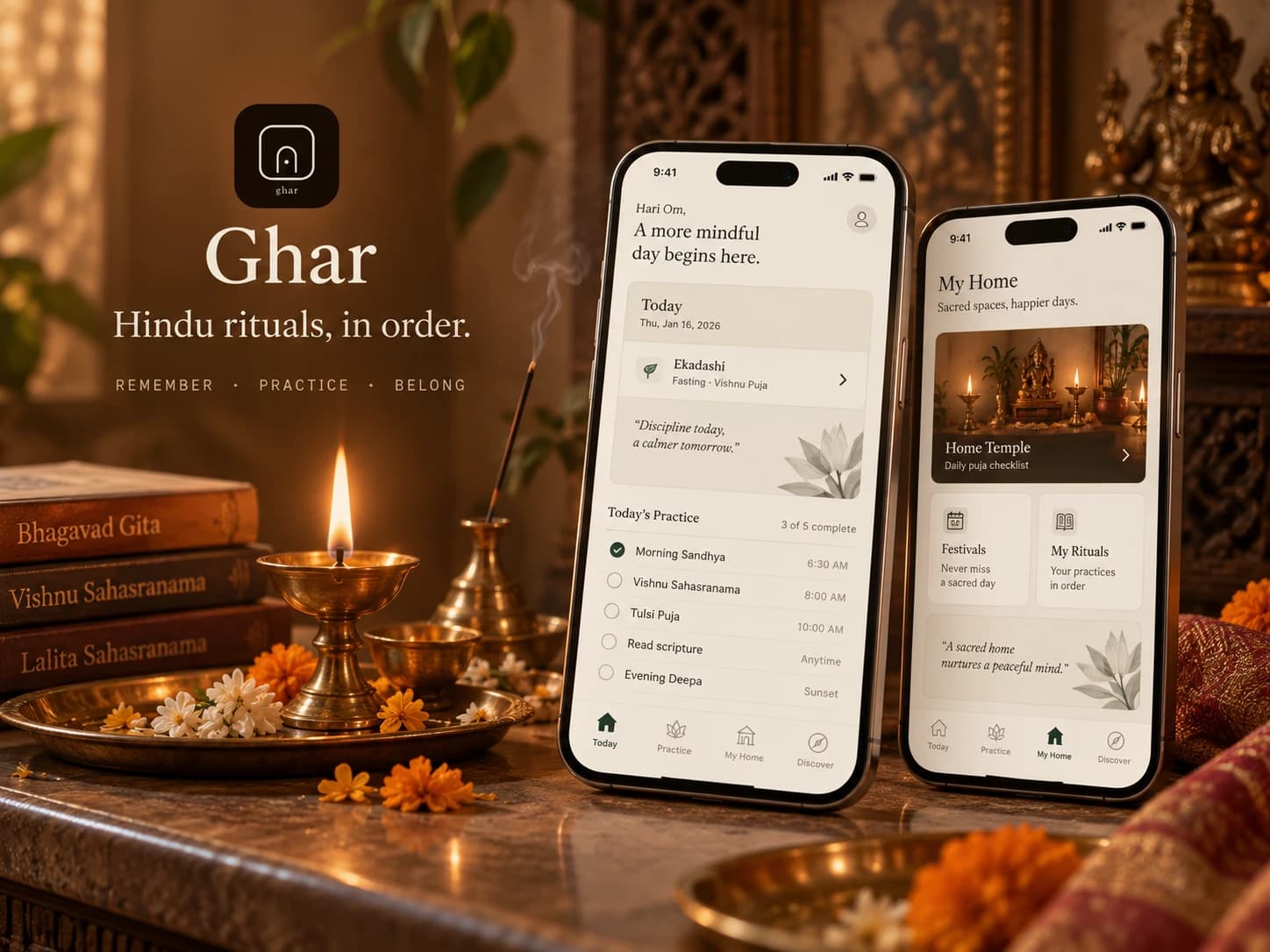 Ghar: two iPhones beside a brass diya and marigolds showing Today's Practice and My Home, under the line Hindu rituals, in order