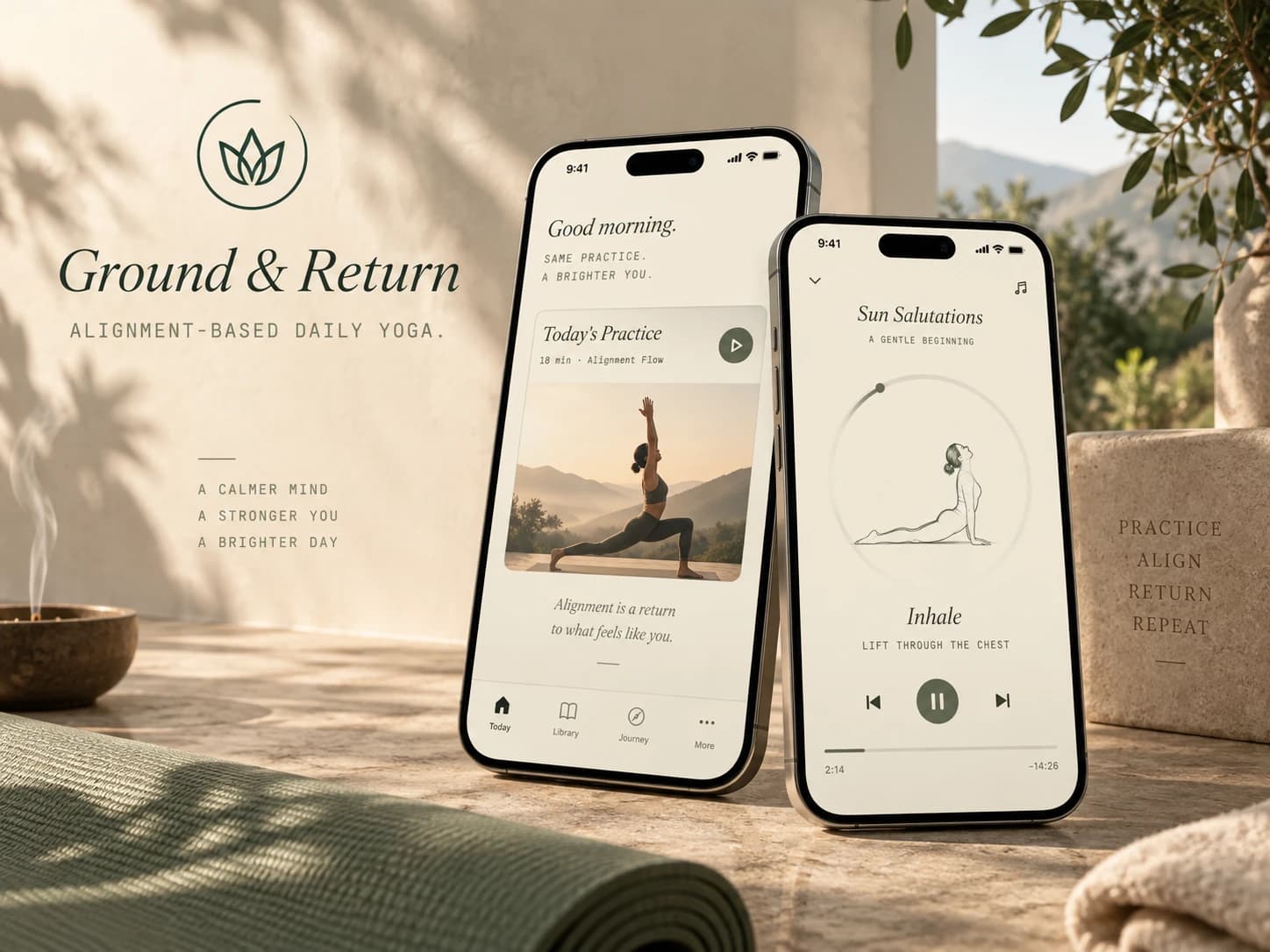 Ground & Return: two iPhones on a sunlit terrace showing Today's Practice and a Sun Salutations session, beside the lotus mark and the line Alignment-based daily yoga