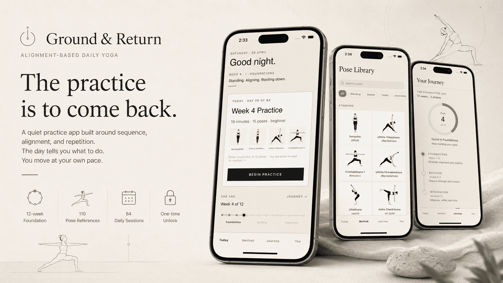 Ground & Return iOS yoga app — 110 alignment-based poses, every line drawn by hand