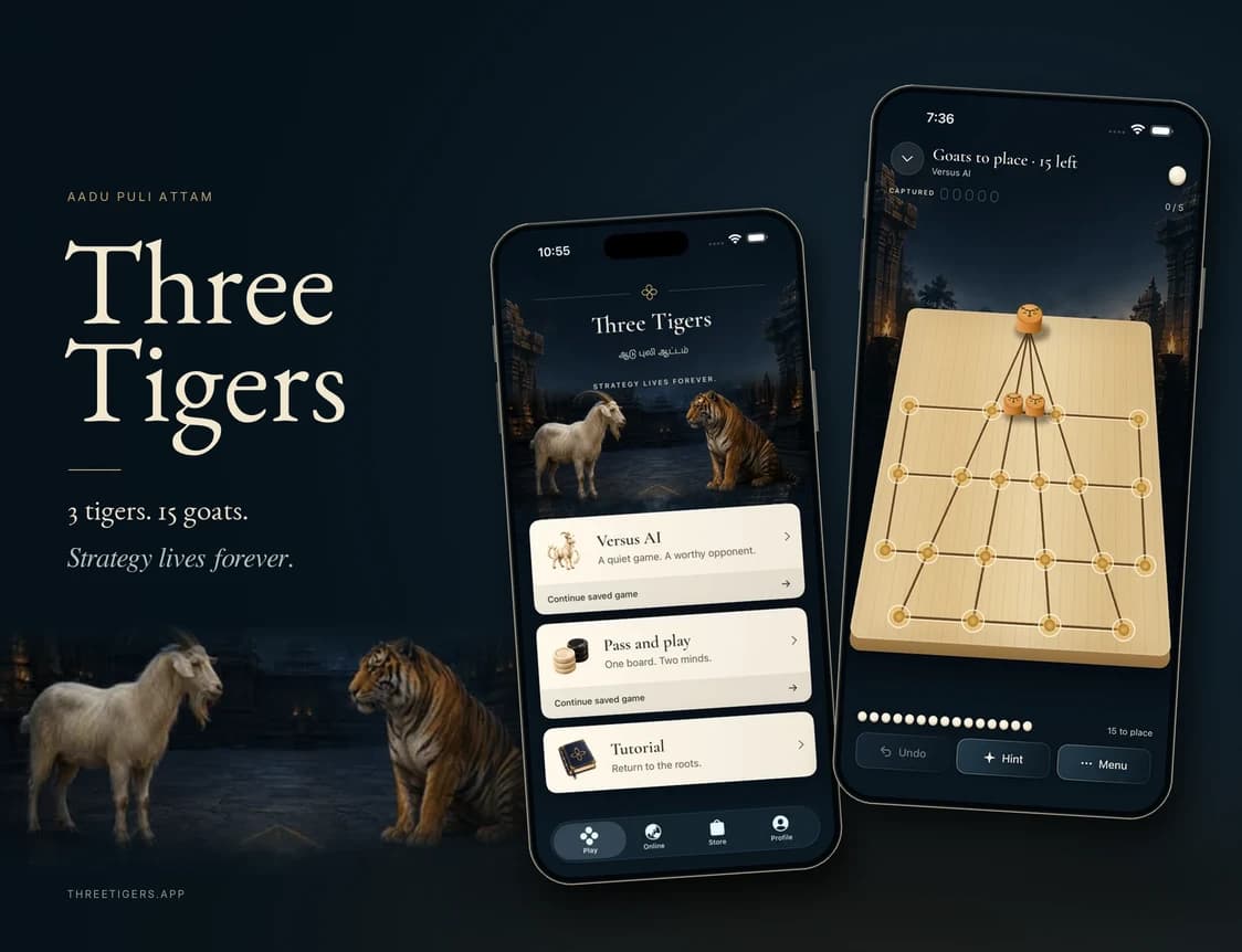 Three Tigers: two iPhones against a temple at night showing the play menu and the Aadu Puli Attam board, with the lines 3 tigers, 15 goats and Strategy lives forever