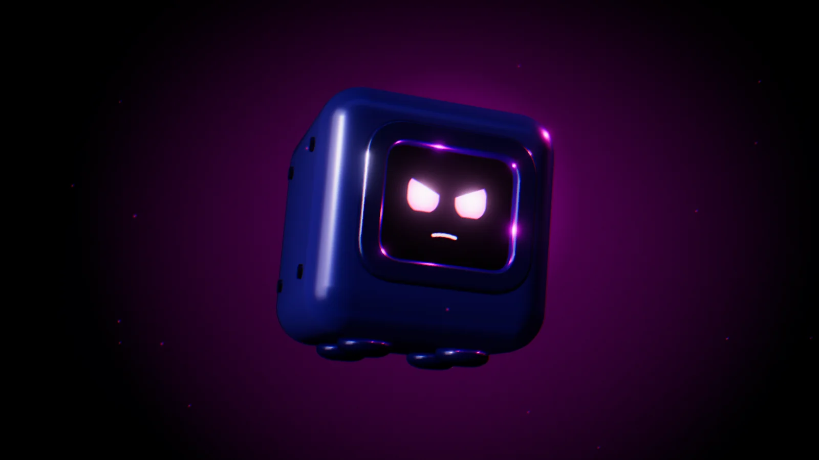 The Evil Cube, a glossy dark-blue cube character with glowing magenta eyes and a scowl, floating in a black and magenta haze