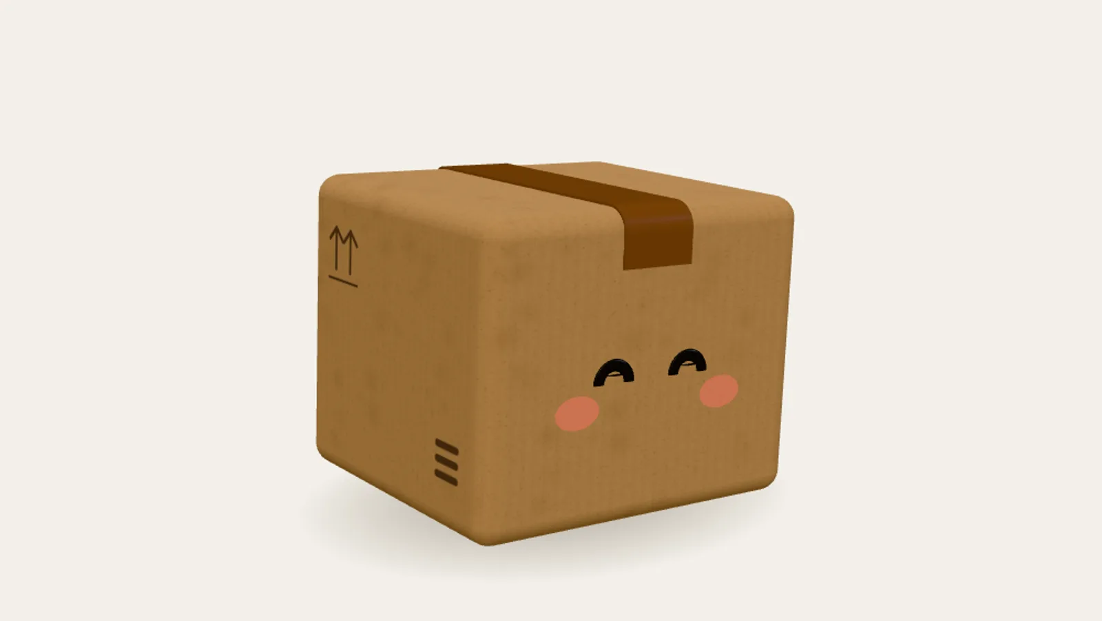 Parcel, a cardboard-box mascot with two black eyes and a strip of packing tape, rendered in 3D on a cream background